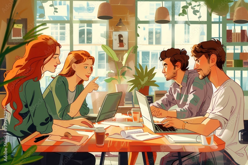 Poster young entrepreneurs brainstorm and collaborate over laptops and coffee in a vibrant café, fostering 