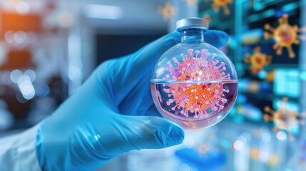 Fototapeta premium A scientist holds a vial containing a colorful liquid representing a virus, showcasing laboratory research and experimentation.