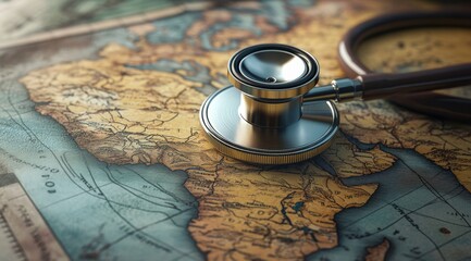 Explore the global interconnection of health care systems, symbolized by a stethoscope on a world map, highlighting vital health initiatives that enhance wellbeing and access across continents