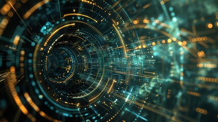 Fototapeta premium Abstract digital art featuring a tunnel of light and circles. Futuristic cyberspace abstract background.