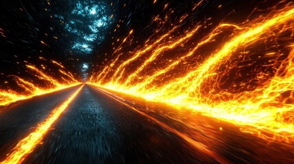 A mesmerizing scene of fiery sparks racing down a dark, wet road, showcasing the dynamic power of energy and motion