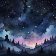 Aquarelle Ciel &eacute;toil&eacute; et paysage nocturne, pour fond, d&eacute;cor, conception livre enfants 