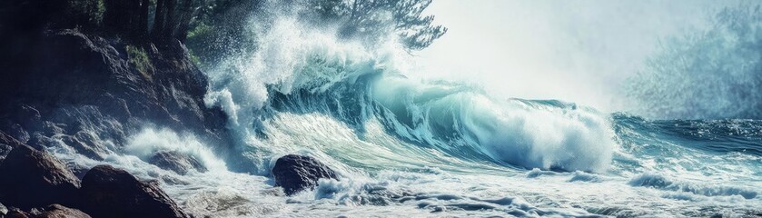 A stunning ocean wave crashing dramatically against rocky shore, capturing the power and beauty of nature in motion.