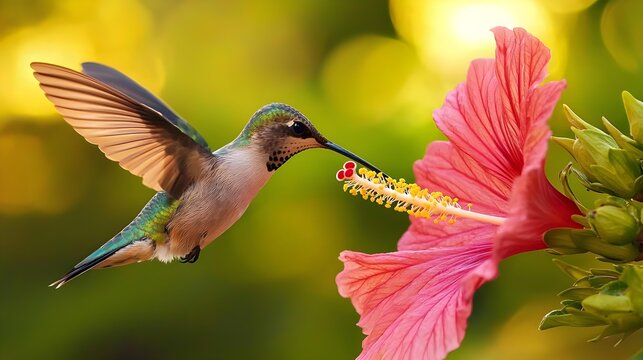 Macro photography of a hummingbird feeding on a hibiscus flower