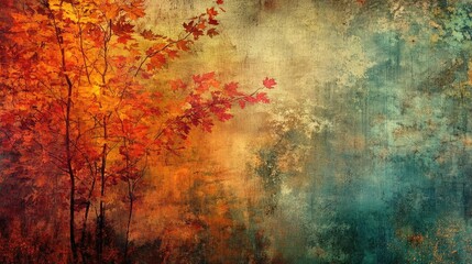 Vibrant autumn foliage contrasts beautifully with a textured, colorful background, perfect for serene and artistic visuals.