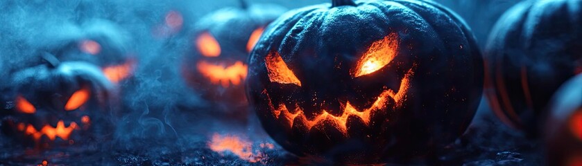 Sinister glowing pumpkins emerge from the shadows, perfect for Halloween-themed projects and seasonal decorations.