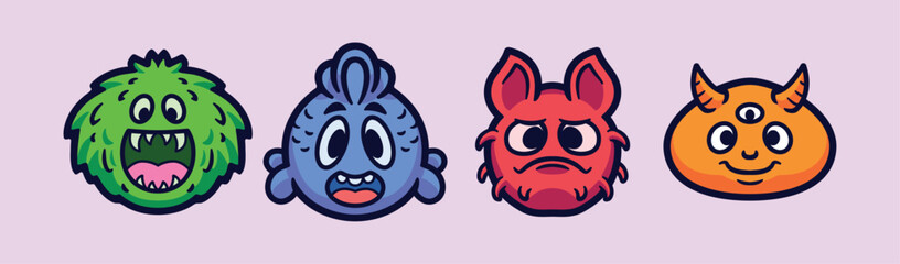 Cute Round Circle Monsters Vector Cartoon Set. Kids cartoon character design for stickers, icons, logos,s and packaging design.