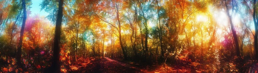 Fototapeta premium A vibrant forest scene showcasing stunning autumn colors and sunlight filtering through the trees, creating a magical atmosphere.