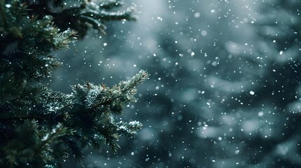Snow falling heavily in an evergreen forest