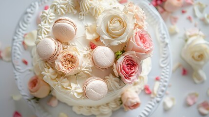 Top view of a white wedding cake adorned with macarons and roses