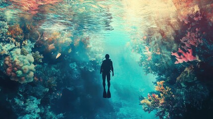 A serene underwater scene showcasing a diver exploring vibrant coral reefs in clear blue water.