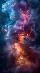 Cosmic nebula swirls in vibrant hues of blue, pink, and orange, resembling a celestial dance of gas and stardust in the depths of space.