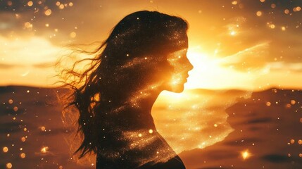 Silhouette of a woman amidst a cosmic backdrop, illuminated by a golden sunset, symbolizing inner beauty and harmony.