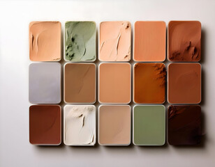 Fototapeta premium a set of paint swatches on a clean white surface, featuring earthy tones such as warm terracotta, soft sage green, and sandy beige. The swatches should evoke a sense of tranquility and connection to t