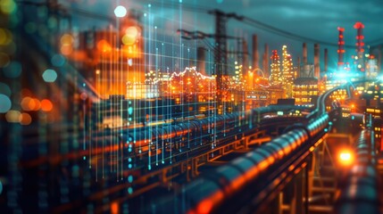 Industrial Cityscape at Night with Data Overlay