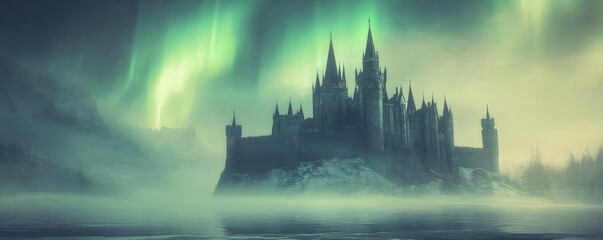 Naklejka premium A mystical castle shrouded in fog, illuminated by vibrant northern lights, creating an enchanting and ethereal atmosphere.