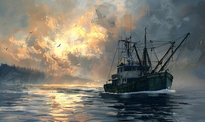 Naklejka premium Return of the fishing seiner after the catch. 