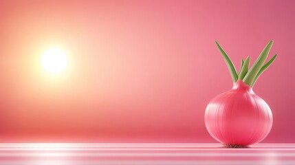 Red onion sprouting under warm sunlight