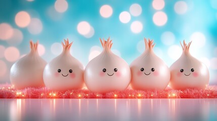 Cute Smiling Onion Characters with Bokeh Background