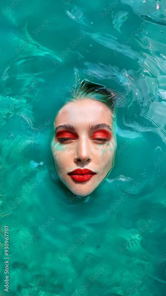 Poster emerging fashion face woman portrait turquoise liquid