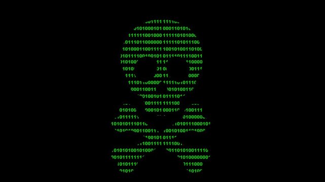video animation skeleton shape skull with crossbones, numbers 0 and 1 of binary system, in the concept of hacker and computer or technological virus software. On a transparent background