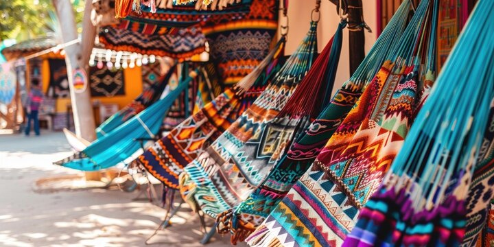 Ethnic blankets and hammocks featuring a variety of Aztec patterns hanging at the street market