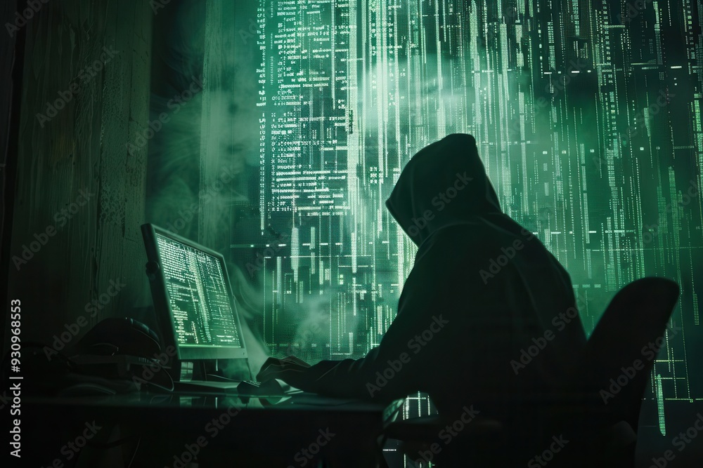 Aufkleber a silhouette of a lone hacker wearing a hoodie focuses on a computer screen filled with green matrix