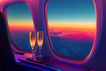 Fototapeta premium Champagne and Sunset View from Airplane Window.