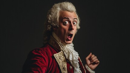 Surprised shocked man in Mozart costume and wig, funny portrait of vintage musician excited and shocked isolated on black