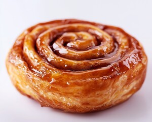 A close-up view of a freshly baked cinnamon roll, with a glossy glaze on top, set against a white background.