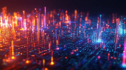 Fototapeta premium Futuristic chart depicting data flows in a smart city, with bright, neon-colored streams of information connecting buildings, vehicles, and infrastructure in a complex, interconnected web