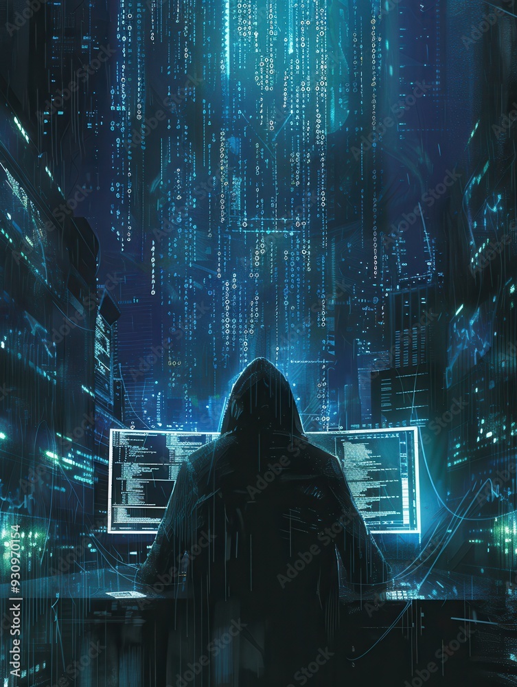 Aufkleber a hooded figure engages with a computer displaying cascading code in a dark urban setting at night. 