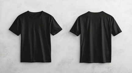 A mockup that prominently features a simple, plain black tshirt elegantly displayed against a clean, white wall, showcasing both front and back views for various design purposes and evaluations