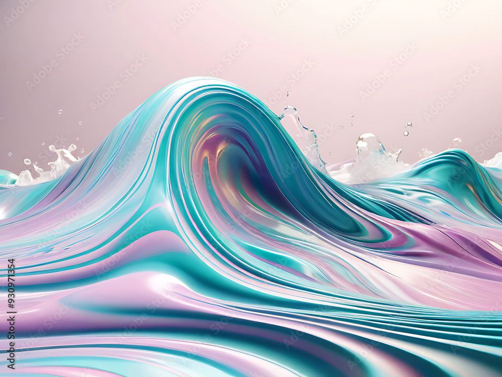 Wall mural 3D Iridescent Liquid Waves Flowing Liquid Surface with Iridescent Colors and Smooth, Reflective Texture in Motion