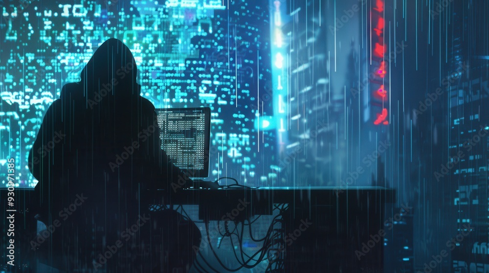 Poster a shadowy figure in a hoodie focuses on a computer with vibrant, cascading code illuminated against 