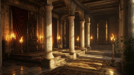 Fototapeta premium A grand hall with marble columns, a throne, and torches casting a warm glow.