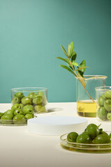 Olives and essence with olive branches are displayed in transparent petri dishes with beakers, with a white platform in the center for cosmetic advertisements.