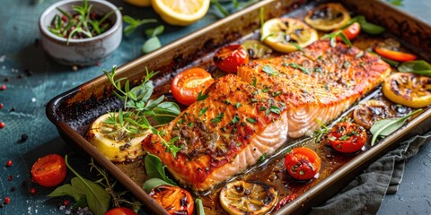 Spicy honey glazed salmon fillet oven baked with fresh vegetables and presented hot on a baking tray