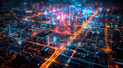Fototapeta premium Futuristic chart depicting data flows in a smart city, with bright, neon-colored streams of information connecting buildings, vehicles, and infrastructure in a complex, interconnected web