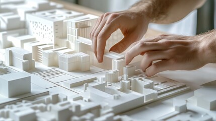 A close-up of an exhibit designer's hands working on a 3D model of an exhibition space against a light solid color background
