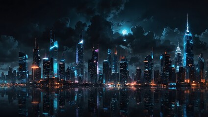 Create a stunning futuristic cityscape at night, where towering skyscrapers with illuminated blue lights dominate the skyline
