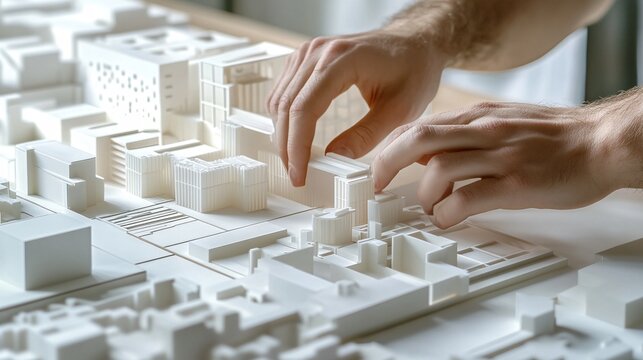 A close-up of an exhibit designer's hands working on a 3D model of an exhibition space against a light solid color background