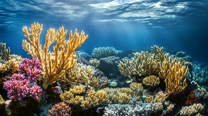 Naklejka premium Vibrant coral reef underwater with sunbeams filtering through the clear blue ocean water.
