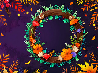 abstract neon holographic Watercolor Colorful autumn wreath with leaves flowersberries acorn mushrooms chestnut