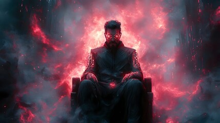 Fototapeta premium Futuristic Cybernetic Leader Enthroned Amidst Swirling Neon Energies in Dark Urban Apocalypse
