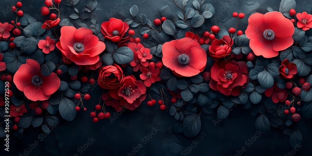 Poster Richly Textured Floral Artwork in Dark and Crimson Tones, generative ai