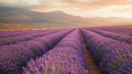 Obraz premium Symmetrical rows of a purple lavender field leading towards distant mountains under a warm sunset sky.