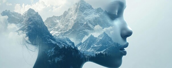 A serene profile of a woman blended with majestic mountain scenery, representing harmony between nature and human spirit.