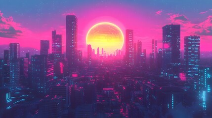 Glowing Synthwave Sunset Over Retro Cityscape in Anime Aesthetic