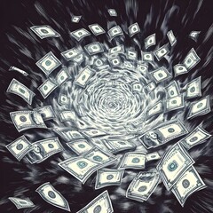 Spiraling Money Flow - of Dollar Bills Swirling in Black and White Doodle Style